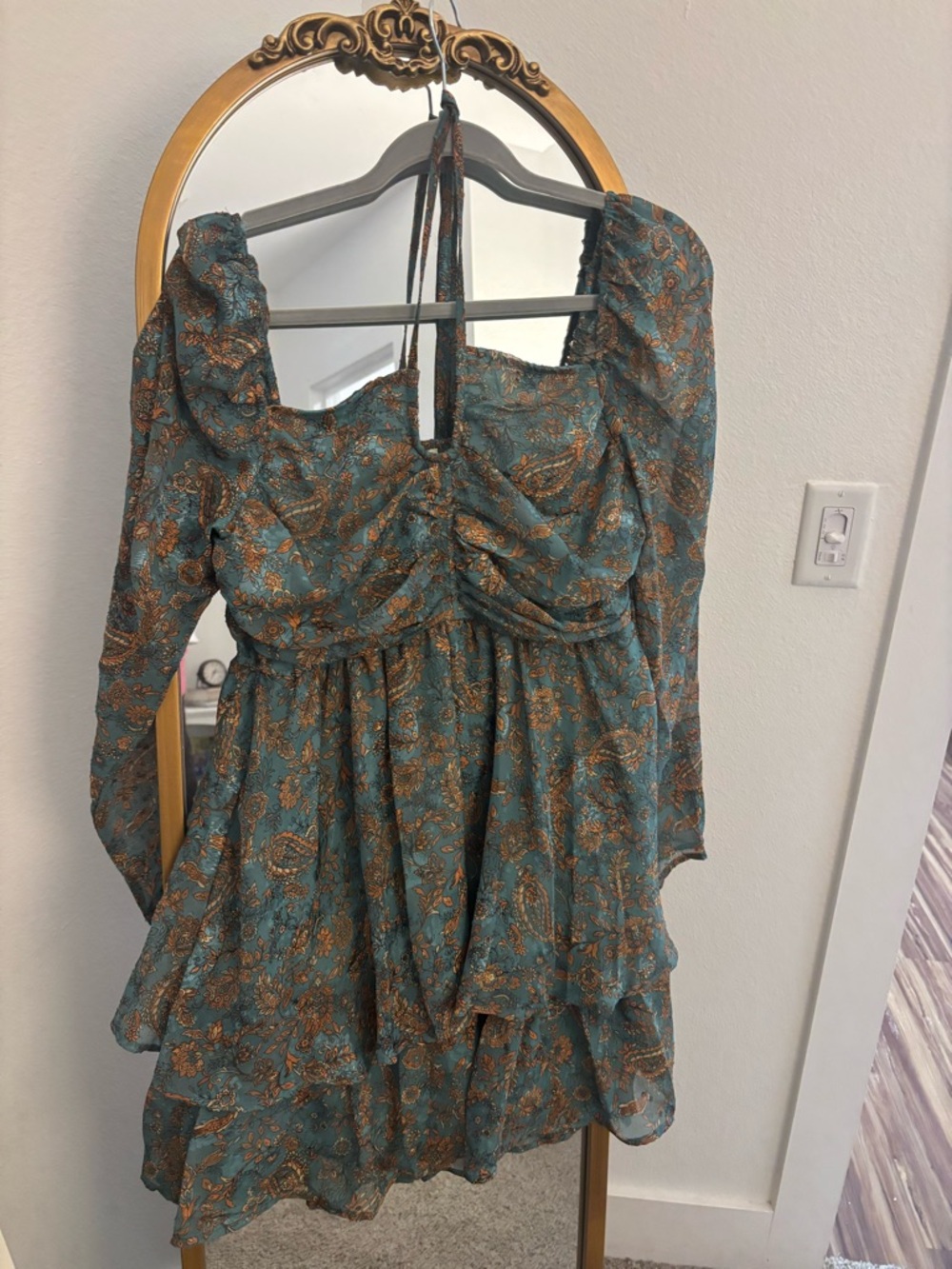 Blu Pepper Teal and Gold Floral Long-Sleeve Mini Dress